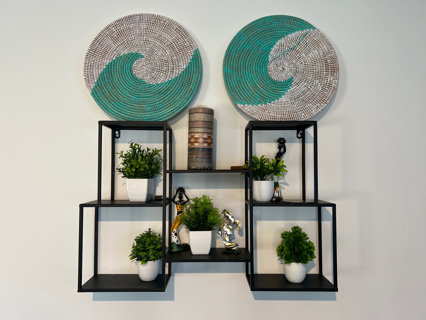 African Senegalese Turquoise Boho Woven Seagrass Placemats/Hanging Wall Decor set of 2