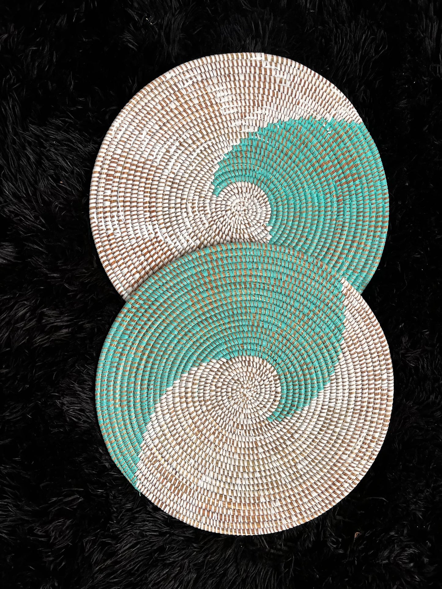 African Senegalese Turquoise Boho Woven Seagrass Placemats/Hanging Wall Decor set of 2